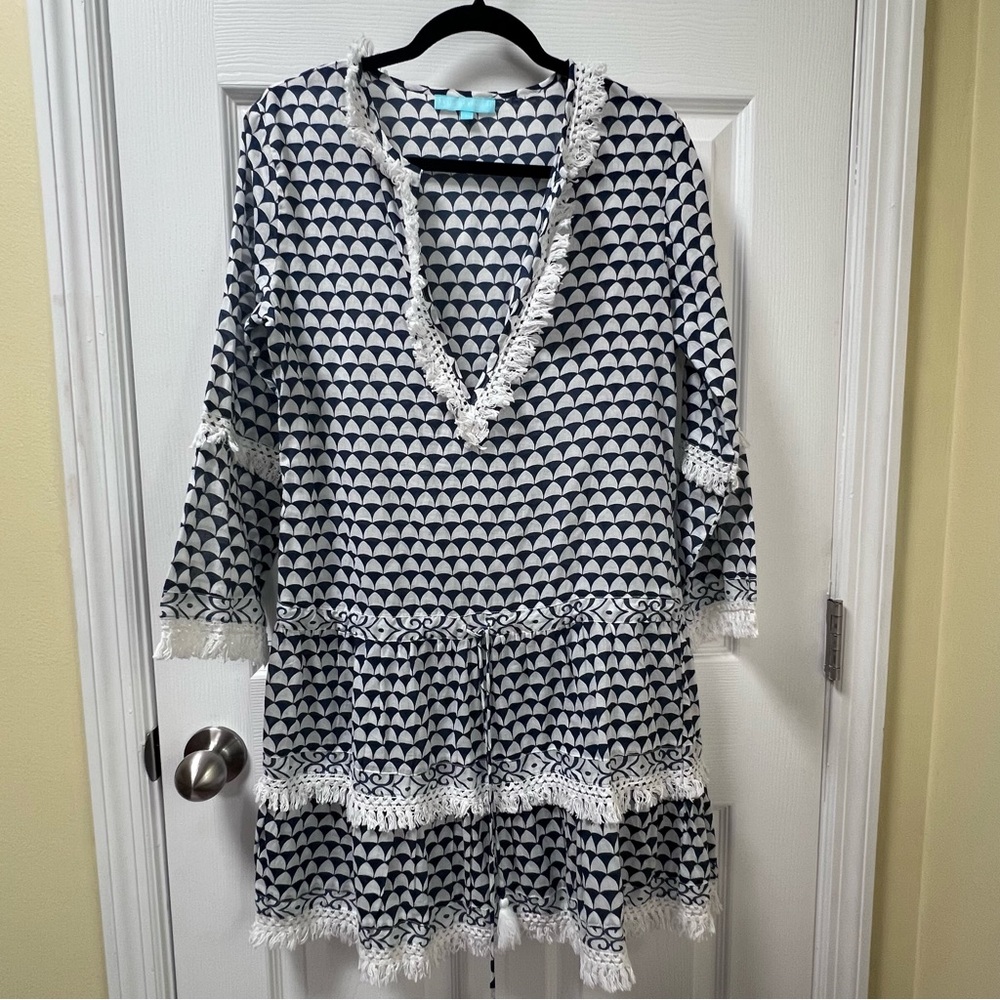 Melissa Odabash Blue White Deep V Ruffle Dress Beach Bathing Suit Coverup S